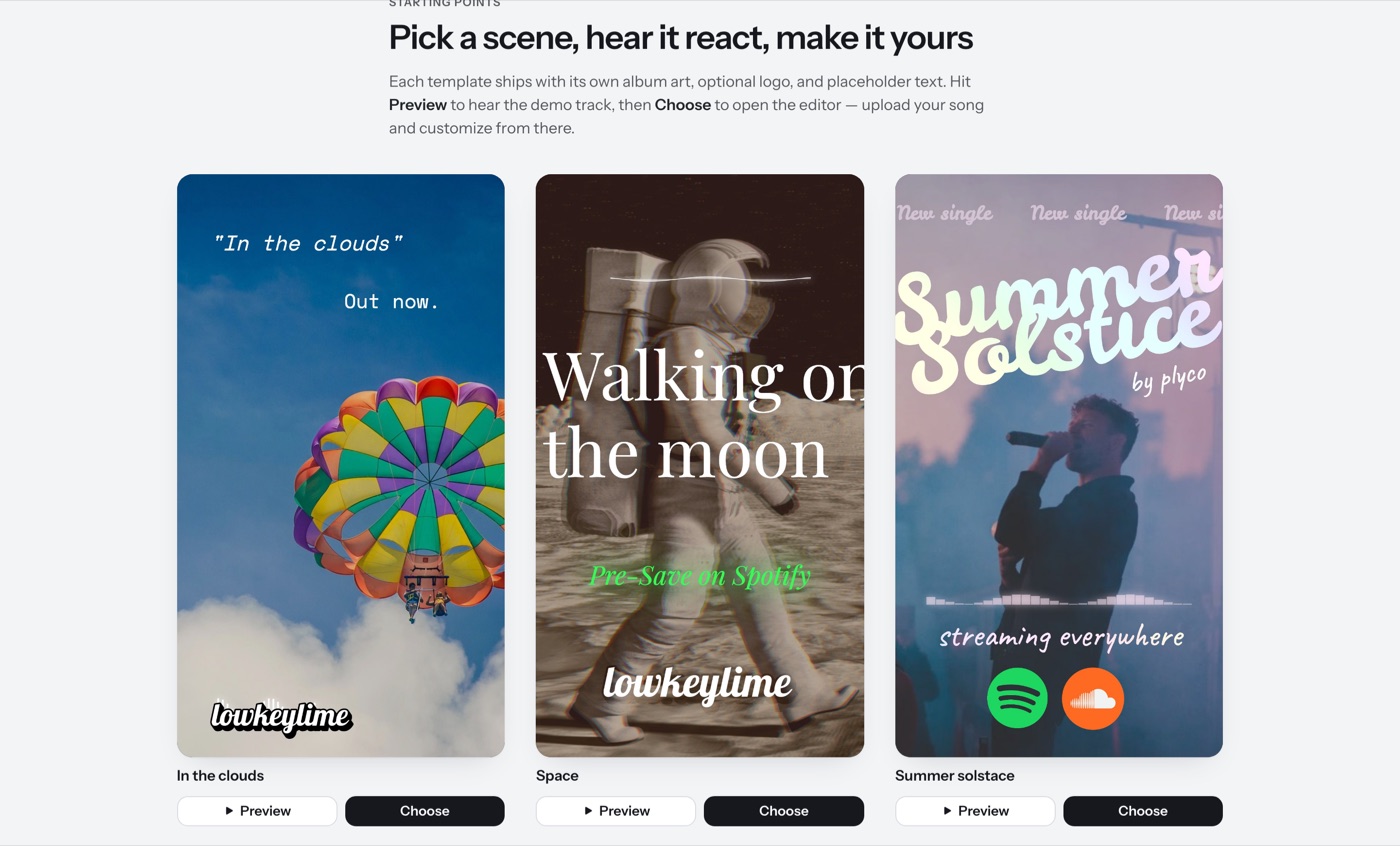 Three TrackVis starter templates, each with its own animated artwork, waveform, and text layout